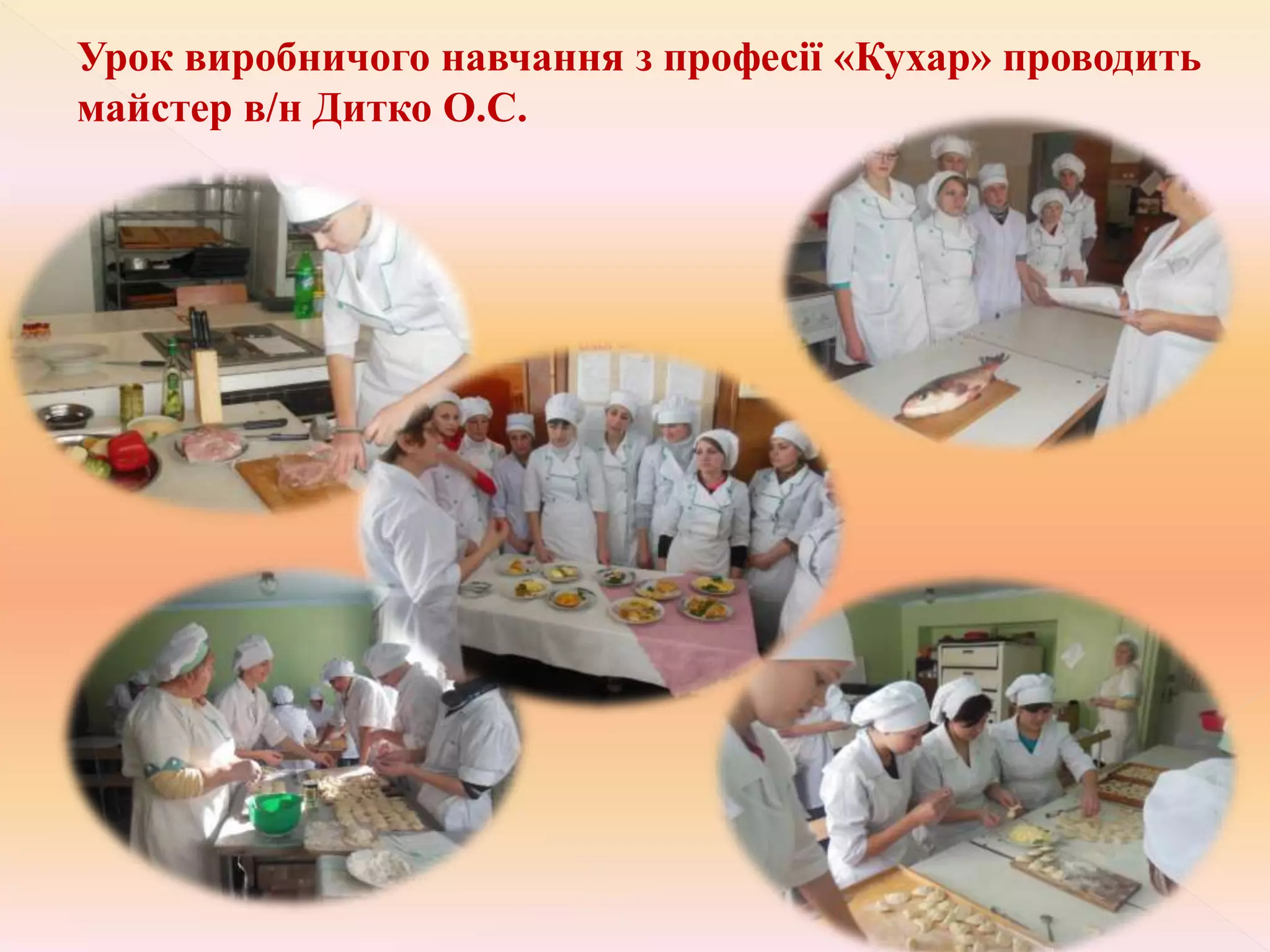 Урок виробничого навчання з професії «Кухар» проводить
майстер в/н Дитко О.С.
 
