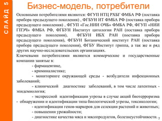 Бизнес-модель, потребители
Основными потребителями являются: ФГУП НТЦ РХБГ ФМБА РФ (поставка
прибора предыдущего поколения) , ФГБУН ИТ ФМБА РФ (поставка прибора
предыдущего поколения) , ФГУП «Гос.НИИ ОЧБ» ФМБА РФ, ФГУП «НИИ
ГПЭЧ» ФМБА РФ, ФГБУН Институт цитологии РАН (поставка прибора
предыдущего поколения), ФГБУН ИБХ РАН (поставка прибора
предыдущего поколения), ФГБУН Ботанический институт РАН (поставка
прибора предыдущего поколения), ФГБУ Институт гриппа, а так же и ряд
других научно-исследовательских организациях.
Ключевыми потребителями являются коммерческие и государственные
компании занятые в:
- фармацевтике,
- криминалистике;
- мониторинге окружающей среды - возбудители инфекционных
заболеваний;
- клинической диагностике заболеваний, в том числе латентных -
эпидемиология;
- экспрессной идентификации угрозы в случае акций биотерроризма
- обнаружении и идентификации типа биологической угрозы, токсикологии;
- идентификации генов-маркеров для селекции растений и животных;
- повышении урожайности;
- диагностике качества мяса и мясопродуктов, болезнеустойчивости. 7
СЛАЙД5
 