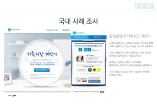 삼성생명의 가족시간 계산기
가족시간계산기는 사용자의 라이프 스타일을 통해
가족과 함께 할 수 있는 시간을 가상으로 알려준다.
가상의 체험으로 가족과 함께 할 수 있는 시간이
생각보다 길지 않다는 것을 알려주고
바쁘다는 핑계로 소중한 그 시간들을
흘려보내지 않게 하기 위해 사용자를 일깨워준다.
지금 마음을 다음으로 미루지 말라는 메시지를
전달하고 있다.
털보네 5남매 조의 주제
가족간의 소통
국내 사례 조사
 