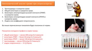 Биохимический анализ крови при атеросклерозе:
1. Триглицериды в сыворотке крови.
2. Общий холестерин в сыворотке крови.
3. Холестерин липопротеидов высокой плотности (ЛПВП)
в сыворотке крови.
4. Холестерин липопротеидов низкой плотности (ЛПНП) в
сыворотке крови.
5. Индекс или коэффициент атерогенности.
Все выше перечисленные показатели будут отклонены от нормы.
Показатели липидного профиля в норме таковы:
 общий холестерин — менее 200 мг/дл (5,2 ммоль/л)
 холестерин ЛПВП — более 50 мг/дл (1,3 ммоль/л)
 холестерин ЛПНП — менее 130 мг/дл (3,4 ммоль/л)
 триглицериды — менее 250 мг/дл (2,3 ммоль/л)
 индекс атерогенности — 3–3,5 балла.
 