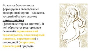 Во время беременности
формируется своеобразный
эндокринный орган – плацента,
который образует систему
плод–плацента
(фетоплацентарная система). В
ней образуется ряд гормонов
белковой (хорионический
гонадотропин, плацентарный
лактоген, тиреотропин) и
стероидной (эстрогены,
прогестерон) природы.
 