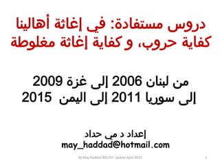‫لبنان‬ ‫من‬2006‫غزة‬ ‫إلى‬2009
‫سوريا‬ ‫إلى‬2011‫اليمن‬ ‫إلى‬2015
‫حداد‬ ‫مي‬ ‫د‬ ‫إعداد‬
may_haddad@hotmail.com
1By May Haddad MD.PH- Update 13 4 15
‫مستفادة‬ ‫دروس‬:‫أهالينا‬ ‫إغاثة‬ ‫في‬
‫مغلوطة‬ ‫إغاثة‬ ‫كفاية‬ ‫و‬ ،‫حروب‬ ‫كفاية‬
 