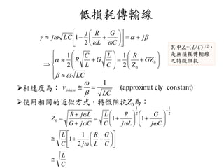 低損耗傳輸線
使用相同的近似方式，特徵阻抗Z0為：



































LC
GZ
Z
R
C
L
G
L
C
R
j
C
G
L
Rj
LCj





0
02
1
2
1
2
1
C
L
C
G
L
R
jC
L
Cj
G
Lj
R
C
L
CjG
LjR
Z


































2
1
1
11
2
1
2
1
0
其中Z0=(L/C)1/2，
是無損耗傳輸線
之特徵阻抗
相速度為： )constantelyapproximat(
1
LC
vphase 


 