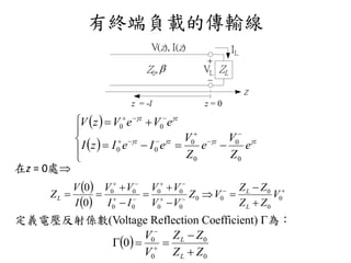 有終端負載的傳輸線
在z = 0處
VL ZL


V(z), I(z)
z
IL
Z0, 
 
 











zzzz
zz
e
Z
V
e
Z
V
eIeIzI
eVeVzV


0
0
0
0
00
00
 
 













 0
0
0
00
00
00
00
00
0
0
V
ZZ
ZZ
VZ
VV
VV
II
VV
I
V
Z
L
L
L
定義電壓反射係數(Voltage Reflection Coefficient) 為：
 
0
0
0
0
0
ZZ
ZZ
V
V
L
L


 

z = -l z = 0
 