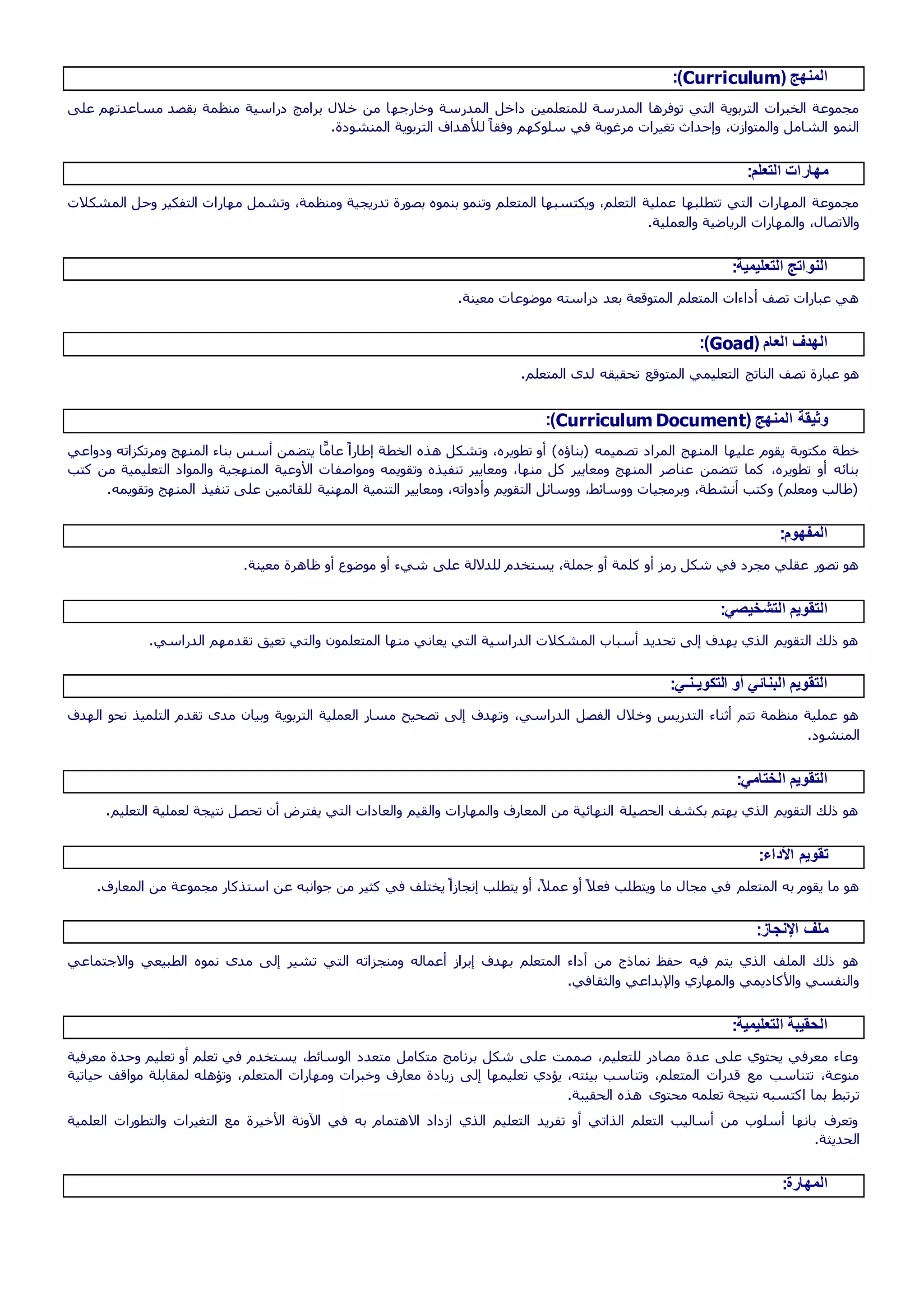 ( ‫المنهج‬Curriculum:)
‫وخارجه‬ ‫المدرسة‬ ‫داخل‬ ‫للمتعلمين‬ ‫المدرسة‬ ‫توفرها‬ ‫التي‬ ‫التربوية‬ ‫الخبرات‬ ‫مجموعة‬‫على‬ ‫مساعدتهم‬ ‫بقصد‬ ‫منظمة‬ ‫دراسية‬ ‫برامج‬ ‫خالل‬ ‫من‬ ‫ا‬
.‫المنشودة‬ ‫التربوية‬ ‫لألهداف‬ ً‫وفقا‬ ‫سلوكهم‬ ‫في‬ ‫مرغوبة‬ ‫تغيرات‬ ‫وإحداث‬ ،‫والمتوازن‬ ‫الشامل‬ ‫النمو‬
:‫التعلم‬ ‫مهارات‬
‫مهار‬ ‫وتشمل‬ ،‫ومنظمة‬ ‫تدريجية‬ ‫بصورة‬ ‫بنموه‬ ‫وتنمو‬ ‫المتعلم‬ ‫ويكتسبها‬ ،‫التعلم‬ ‫عملية‬ ‫تتطلبها‬ ‫التي‬ ‫المهارات‬ ‫مجموعة‬‫المشكالت‬ ‫وحل‬ ‫التفكير‬ ‫ات‬
.‫والعملية‬ ‫الرياضية‬ ‫والمهارات‬ ،‫واالتصال‬
:‫التعليمية‬ ‫النواتج‬
.‫معينة‬ ‫موضوعات‬ ‫دراسته‬ ‫بعد‬ ‫المتوقعة‬ ‫المتعلم‬ ‫أداءات‬ ‫تصف‬ ‫عبارات‬ ‫هي‬
( ‫العام‬ ‫الهدف‬Goad:)
.‫المتعلم‬ ‫لدى‬ ‫تحقيقه‬ ‫المتوقع‬ ‫التعليمي‬ ‫الناتج‬ ‫تصف‬ ‫عبارة‬ ‫هو‬
( ‫المنهج‬ ‫وثيقة‬Curriculum Document:)
‫و‬ ‫ومرتكزاته‬ ‫المنهج‬ ‫بناء‬ ‫أسس‬ ‫يتضمن‬ ‫ا‬ًّ‫عام‬ ً‫إطارا‬ ‫الخطة‬ ‫هذه‬ ‫وتشكل‬ ،‫تطويره‬ ‫أو‬ )‫(بناؤه‬ ‫تصميمه‬ ‫المراد‬ ‫المنهج‬ ‫عليها‬ ‫يقوم‬ ‫مكتوبة‬ ‫خطة‬‫دواعي‬
‫ا‬ ‫والمواد‬ ‫المنهجية‬ ‫األوعية‬ ‫ومواصفات‬ ‫وتقويمه‬ ‫تنفيذه‬ ‫ومعايير‬ ،‫منها‬ ‫كل‬ ‫ومعايير‬ ‫المنهج‬ ‫عناصر‬ ‫تتضمن‬ ‫كما‬ ،‫تطويره‬ ‫أو‬ ‫بنائه‬‫كتب‬ ‫من‬ ‫لتعليمية‬
.‫وتقويمه‬ ‫المنهج‬ ‫تنفيذ‬ ‫على‬ ‫للقائمين‬ ‫المهنية‬ ‫التنمية‬ ‫ومعايير‬ ،‫وأدواته‬ ‫التقويم‬ ‫ووسائل‬ ،‫ووسائط‬ ‫وبرمجيات‬ ،‫أنشطة‬ ‫وكتب‬ )‫ومعلم‬ ‫(طالب‬
:‫المفهوم‬
.‫معينة‬ ‫ظاهرة‬ ‫أو‬ ‫موضوع‬ ‫أو‬ ‫شيء‬ ‫على‬ ‫للداللة‬ ‫يستخدم‬ ،‫جملة‬ ‫أو‬ ‫كلمة‬ ‫أو‬ ‫رمز‬ ‫شكل‬ ‫في‬ ‫مجرد‬ ‫عقلي‬ ‫تصور‬ ‫هو‬
‫التقويم‬:‫التشخيصي‬
.‫الدراسي‬ ‫تقدمهم‬ ‫تعيق‬ ‫والتي‬ ‫المتعلمون‬ ‫منها‬ ‫يعاني‬ ‫التي‬ ‫الدراسية‬ ‫المشكالت‬ ‫أسباب‬ ‫تحديد‬ ‫إلى‬ ‫يهدف‬ ‫الذي‬ ‫التقويم‬ ‫ذلك‬ ‫هو‬
:‫التكويـنـي‬ ‫أو‬ ‫البنائي‬ ‫التقويم‬
‫مد‬ ‫وبيان‬ ‫التربوية‬ ‫العملية‬ ‫مسار‬ ‫تصحيح‬ ‫إلى‬ ‫وتهدف‬ ،‫الدراسي‬ ‫الفصل‬ ‫وخالل‬ ‫التدريس‬ ‫أثناء‬ ‫تتم‬ ‫منظمة‬ ‫عملية‬ ‫هو‬‫الهدف‬ ‫نحو‬ ‫التلميذ‬ ‫تقدم‬ ‫ى‬
.‫المنشود‬
:‫الختامي‬ ‫التقويم‬
.‫التعليم‬ ‫لعملية‬ ‫نتيجة‬ ‫تحصل‬ ‫أن‬ ‫يفترض‬ ‫التي‬ ‫والعادات‬ ‫والقيم‬ ‫والمهارات‬ ‫المعارف‬ ‫من‬ ‫النهائية‬ ‫الحصيلة‬ ‫بكشف‬ ‫يهتم‬ ‫الذي‬ ‫التقويم‬ ‫ذلك‬ ‫هو‬
:‫األداء‬ ‫تقويم‬
‫المعارف‬ ‫من‬ ‫مجموعة‬ ‫استذكار‬ ‫عن‬ ‫جوانبه‬ ‫من‬ ‫كثير‬ ‫في‬ ‫يختلف‬ ً‫إنجازا‬ ‫يتطلب‬ ‫أو‬ ،ً‫ال‬‫عم‬ ‫أو‬ ً‫ال‬‫فع‬ ‫ويتطلب‬ ‫ما‬ ‫مجال‬ ‫في‬ ‫المتعلم‬ ‫به‬ ‫يقوم‬ ‫ما‬ ‫هو‬.
:‫اإلنجاز‬ ‫ملف‬
‫واال‬ ‫الطبيعي‬ ‫نموه‬ ‫مدى‬ ‫إلى‬ ‫تشير‬ ‫التي‬ ‫ومنجزاته‬ ‫أعماله‬ ‫إبراز‬ ‫بهدف‬ ‫المتعلم‬ ‫أداء‬ ‫من‬ ‫نماذج‬ ‫حفظ‬ ‫فيه‬ ‫يتم‬ ‫الذي‬ ‫الملف‬ ‫ذلك‬ ‫هو‬‫جتماعي‬
.‫والثقافي‬ ‫واإلبداعي‬ ‫والمهاري‬ ‫واألكاديمي‬ ‫والنفسي‬
:‫التعليمية‬ ‫الحقيبة‬
‫معرفية‬ ‫وحدة‬ ‫تعليم‬ ‫أو‬ ‫تعلم‬ ‫في‬ ‫يستخدم‬ ،‫الوسائط‬ ‫متعدد‬ ‫متكامل‬ ‫برنامج‬ ‫شكل‬ ‫على‬ ‫صممت‬ ،‫للتعليم‬ ‫مصادر‬ ‫عدة‬ ‫على‬ ‫يحتوي‬ ‫معرفي‬ ‫وعاء‬
‫إلى‬ ‫تعليمها‬ ‫يؤدي‬ ،‫بيئته‬ ‫وتناسب‬ ،‫المتعلم‬ ‫قدرات‬ ‫مع‬ ‫تتناسب‬ ،‫منوعة‬‫حياتية‬ ‫مواقف‬ ‫لمقابلة‬ ‫وتؤهله‬ ،‫المتعلم‬ ‫ومهارات‬ ‫وخبرات‬ ‫معارف‬ ‫زيادة‬
.‫الحقيبة‬ ‫هذه‬ ‫محتوى‬ ‫تعلمه‬ ‫نتيجة‬ ‫اكتسبه‬ ‫بما‬ ‫ترتبط‬
‫الع‬ ‫والتطورات‬ ‫التغيرات‬ ‫مع‬ ‫األخيرة‬ ‫اآلونة‬ ‫في‬ ‫به‬ ‫االهتمام‬ ‫ازداد‬ ‫الذي‬ ‫التعليم‬ ‫تفريد‬ ‫أو‬ ‫الذاتي‬ ‫التعلم‬ ‫أساليب‬ ‫من‬ ‫أسلوب‬ ‫بانها‬ ‫وتعرف‬‫لمية‬
.‫الحديثة‬
‫ال‬:‫مهارة‬
 