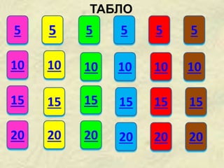 5 5 5 5 5 5
10
15
20
10
15
20
10
15
20
10
15
20
10
15
20
10
15
20
ТАБЛО
 