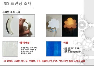 •야광
- 야광성분 첨가 혼합물
- 야광효과
- 출력 조건은 PLA와 유사
•플렉서블
- 탄성을 지닌 고무 소재
- 출력 조건이 까다로움
- 표면이 다소 거침
- 후가공이 힘듬
3D 프린팅 소재
그밖의 특수 소재
•이 밖에도 나일론, 대나무, 우레탄, 청동, 초콜릿, PC, PVA, PET, HIPS 등의 소재가 있음
 