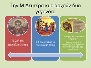 Την Μ.Δευτέρα κυριαρχούν δυο
γεγονότα
Η ζωή του
πάγκαλου Ιωσήφ
Το περιστατικό με
την άκαρπη συκιά
Ο Ιωσήφ προεικονίζει το
Χριστό
Η άκαρπη συκιά την
συναγωγή των Εβραίων
που ήταν άκαρπη από
καλά έργα
 