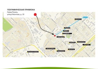 Сбербанк
Магазин Продукты
Школа №43
ГЕОГРАФИЧЕСКАЯ ПРИВЯЗКА
Город Рязань,
улица Яхонтова, д. 19
Мед.Центр
Мед.Центр
С‐м Пятёрочка
Салон красоты
Детский сад
Детский сад
Парикмахерская
Парикмахерская
Больница им. Семашко
 
