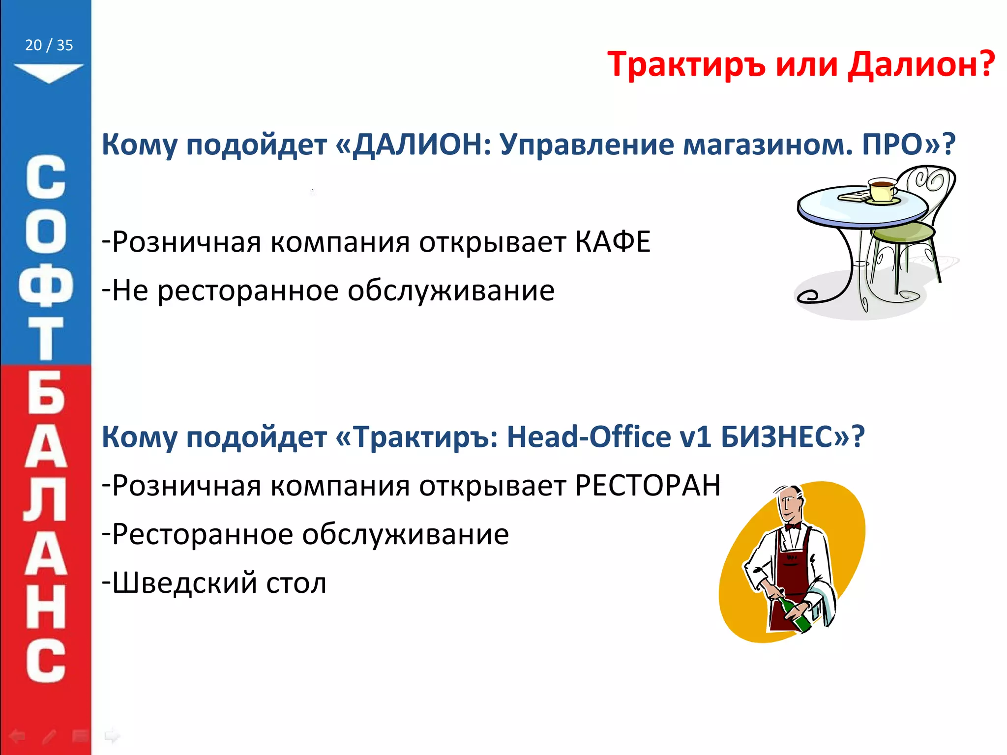 // 35
Трактиръ или Далион?
Кому подойдет «ДАЛИОН: Управление магазином. ПРО»?
-Розничная компания открывает КАФЕ
-Не ресторанное обслуживание
Кому подойдет «Трактиръ: Head-Office v1 БИЗНЕС»?
-Розничная компания открывает РЕСТОРАН
-Ресторанное обслуживание
-Шведский стол
20
 