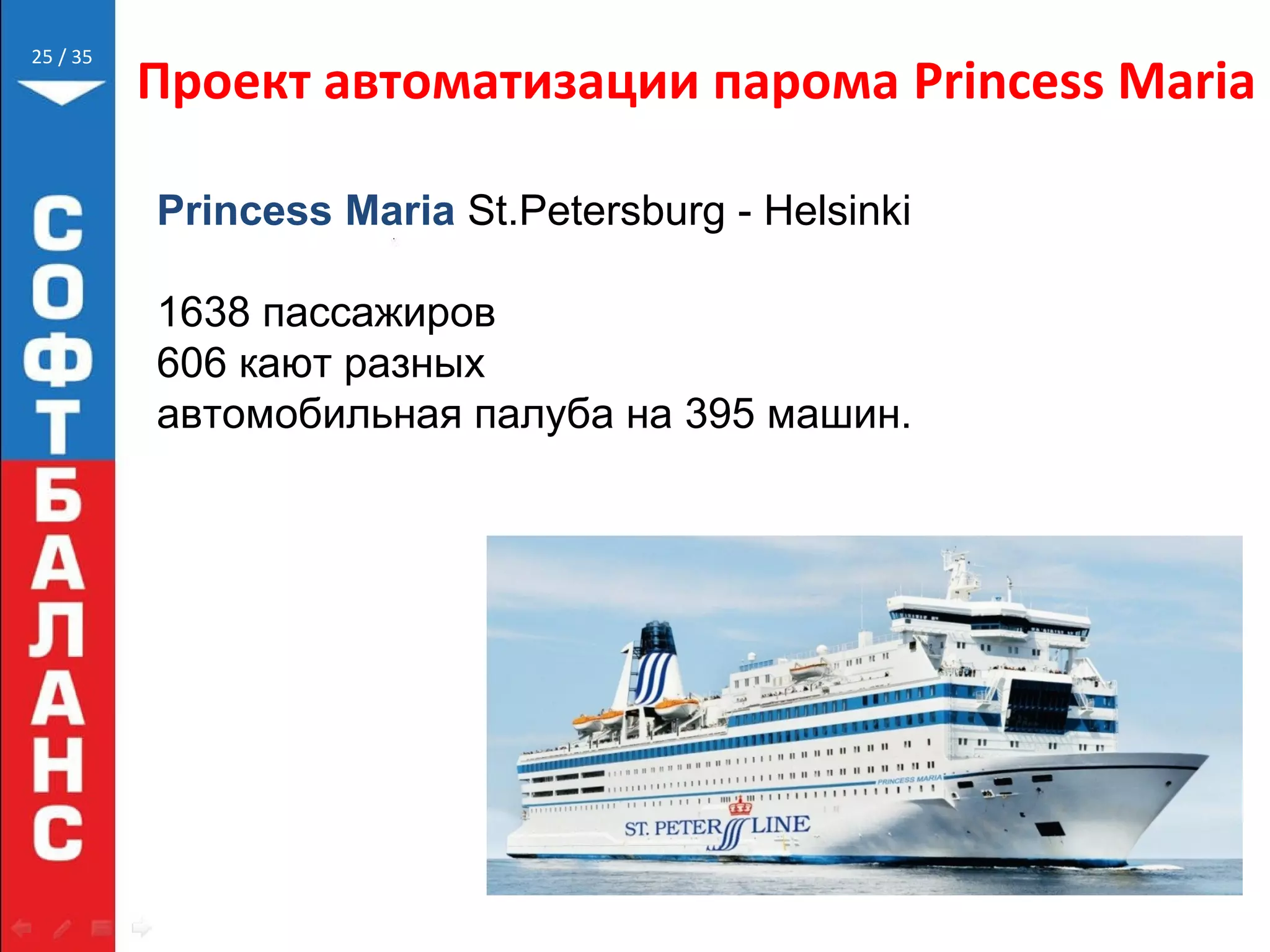 // 35
Проект автоматизации парома Princess Maria
25
Princess Maria St.Petersburg - Helsinki
1638 пассажиров
606 кают разных
автомобильная палуба на 395 машин.
 