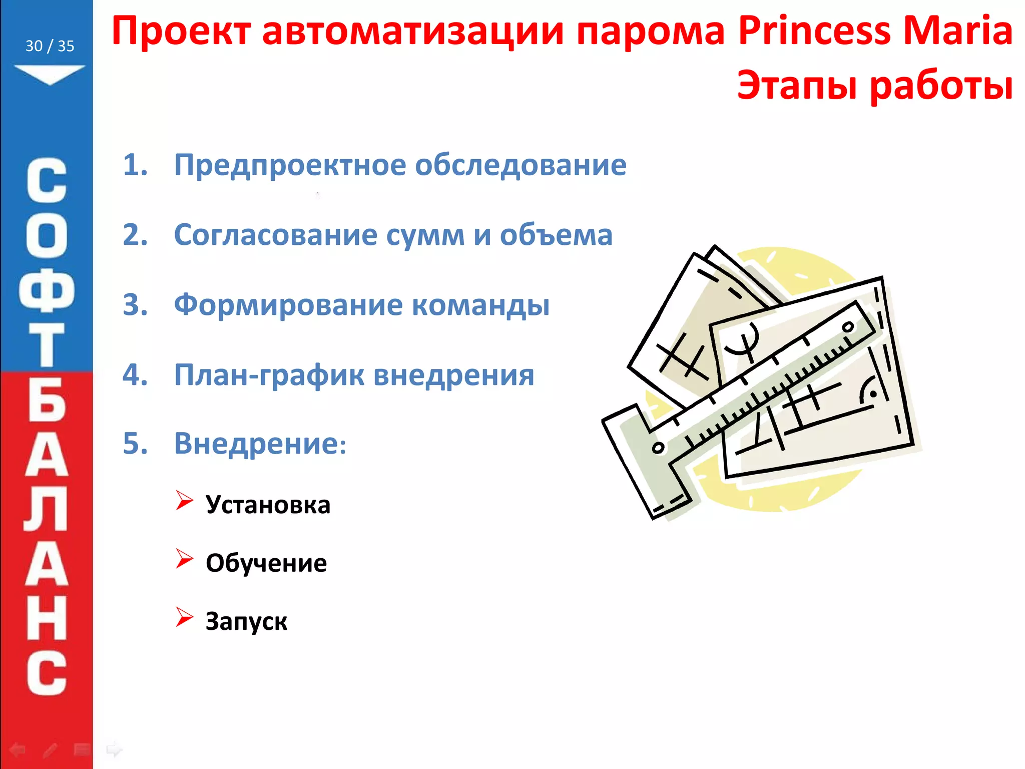 // 35 Проект автоматизации парома Princess Maria
Этапы работы
1. Предпроектное обследование
2. Согласование сумм и объема
3. Формирование команды
4. План-график внедрения
5. Внедрение:
 Установка
 Обучение
 Запуск
30
 