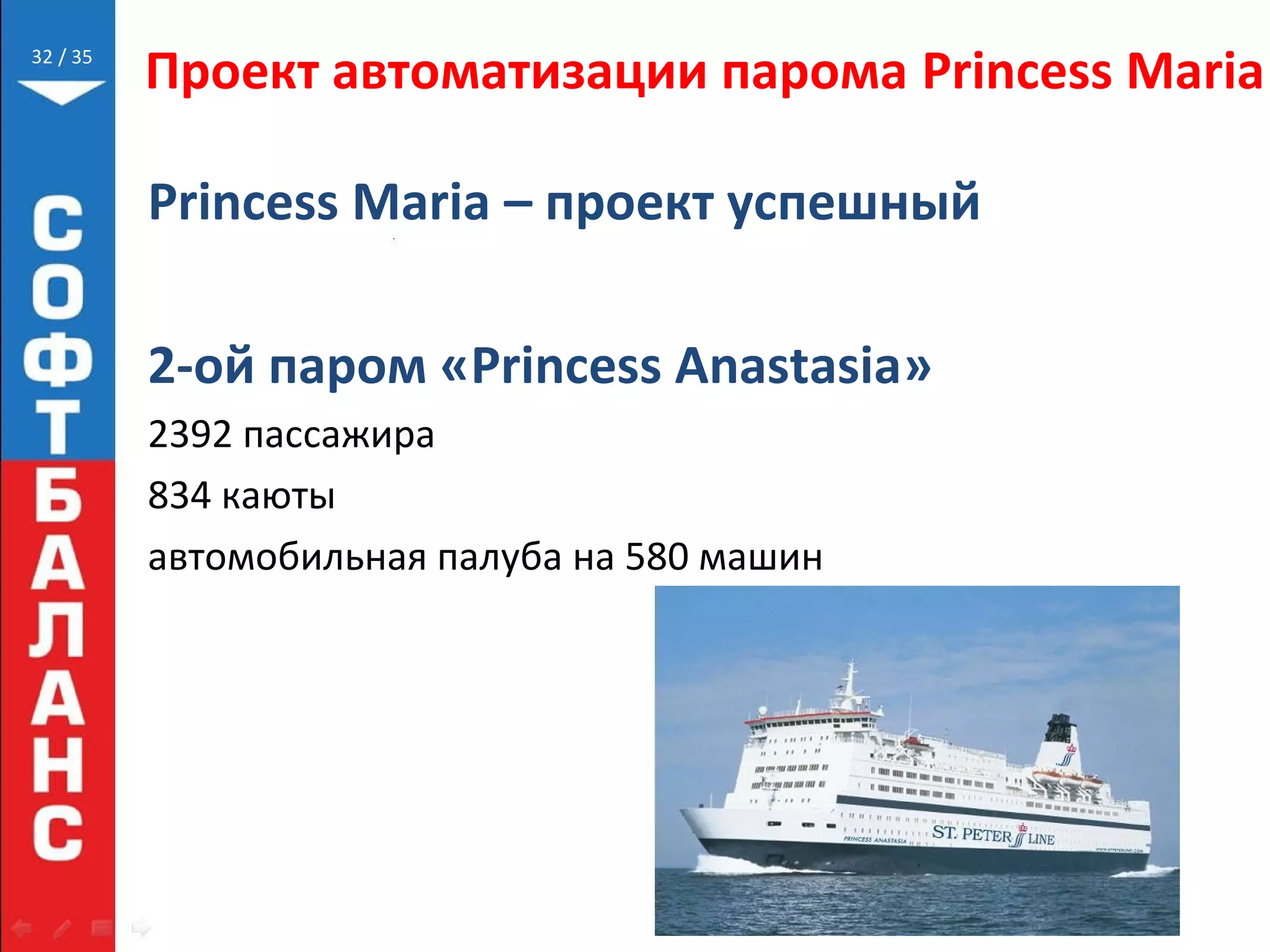 // 35
Проект автоматизации парома Princess Maria
Princess Maria – проект успешный
2-ой паром «Princess Anastasia»
2392 пассажира
834 каюты
автомобильная палуба на 580 машин
32
 
