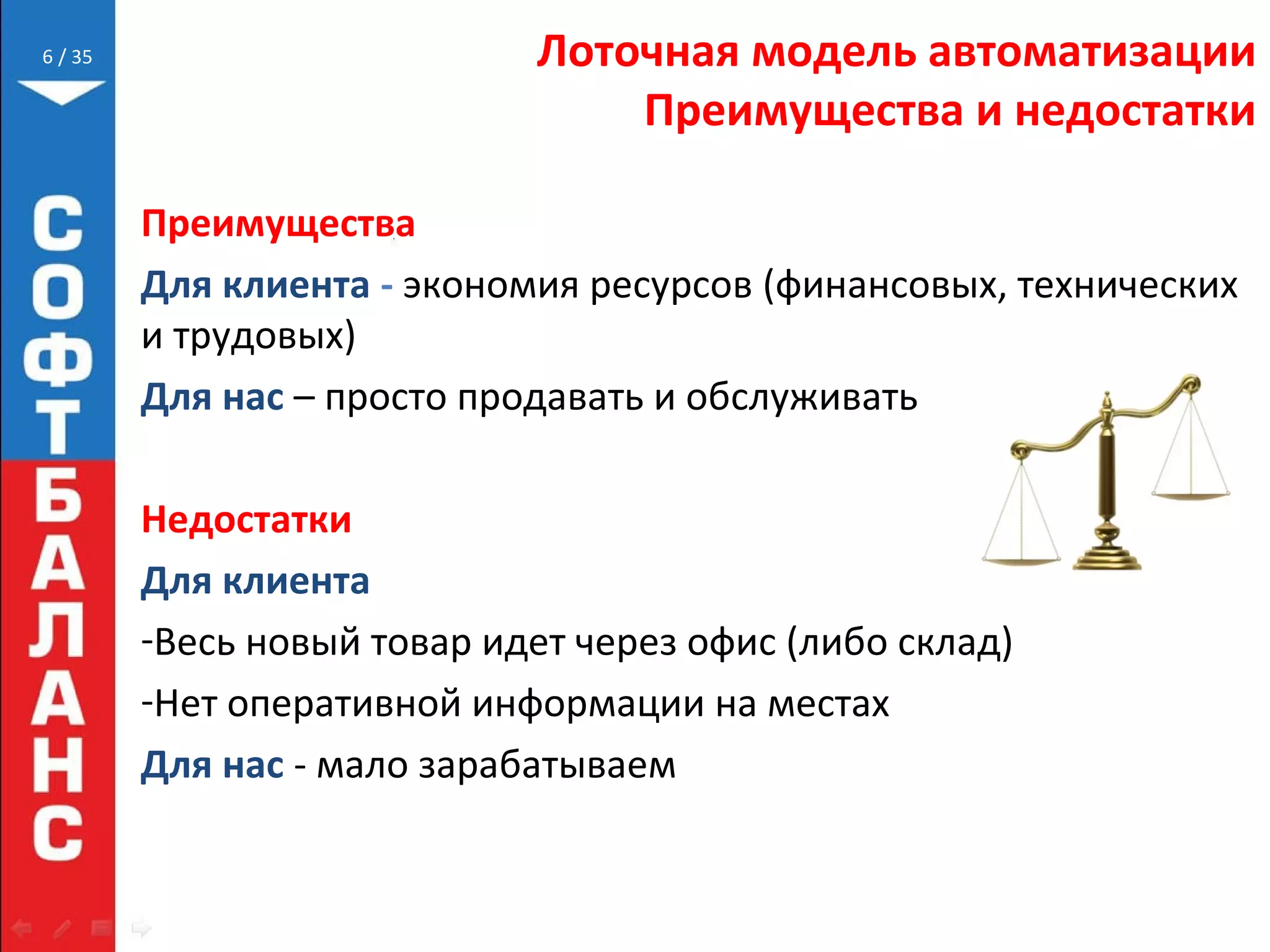 // 35 Лоточная модель автоматизации
Преимущества и недостатки
6
Преимущества
Для клиента - экономия ресурсов (финансовых, технических
и трудовых)
Для нас – просто продавать и обслуживать
Недостатки
Для клиента
-Весь новый товар идет через офис (либо склад)
-Нет оперативной информации на местах
Для нас - мало зарабатываем
 