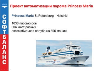 // 35
Проект автоматизации парома Princess Maria
25
Princess Maria St.Petersburg - Helsinki
1638 пассажиров
606 кают разных
автомобильная палуба на 395 машин.
 