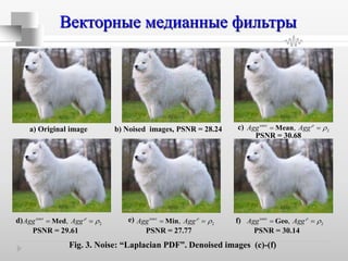 Векторные медианные фильтры
а) Original image b) Noised images, PSNR = 28.24
cos
2,t
Agg Agg Mean 

PSNR = 30.68
cos
2,t
Agg Agg
 Med
PSNR = 29.61
cos
2,t
Agg Agg
 Min
PSNR = 27.77
cos
2,t
Agg Agg
 Geo
PSNR = 30.14
Fig. 3. Noise: “Laplacian PDF”. Denoised images (c)-(f)
c)
d) e) f)
 