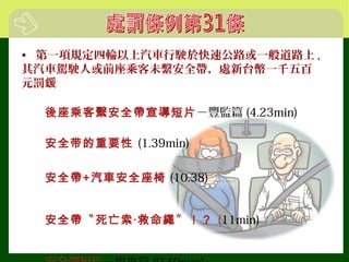 • 第一項規定四輪以上汽車行駛於快速公路或一般道路上 ,
其汽車駕駛人或前座乘客未繫安全帶，處新台幣一千五百
元罰鍰
後座乘客繫安全帶宣導短片－豐監篇 (4.23min)
安全带的重要性 (1.39min)
安全帶+汽車安全座椅 (10.38)
安全帶〝死亡索‧救命繩〞！？ (11min)
 