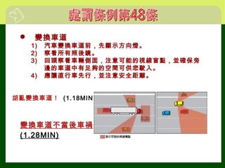  變換車道
1) 汽車變換車道前，先顯示方向燈。
2) 察看所有照後鏡。
3) 回頭察看車輛側面，注意可能的視線盲點，並確保旁
邊的車道中有足夠的空間可供您駛入。
4) 應讓直行車先行，並注意安全距離。
胡亂變換車道！ (1.18MIN)
變換車道不當後車禍
(1.28MIN)
 