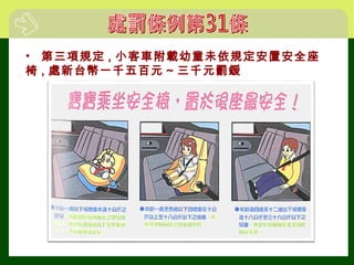 • 第三項規定 , 小客車附載幼童未依規定安置安全座
椅 , 處新台幣一千五百元 ~ 三千元罰鍰
 