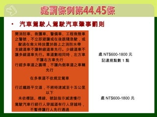 • 汽車駕駛人駕駛汽車肇事罰則
聞消防車、救護車、警備車、工程救險車
之警號，不立即避讓或在後跟隨急駛，或
駛過在救火時放置於路上之消防水帶
處 NT$600-1800 元
記違規點數 1 點
支線道車不讓幹線道車先行。少線道車不
讓多線道車先行。車道數相同時，左方車
不讓右方車先行
行經多車道之圓環，不讓內側車道之車輛
先行
在多車道不依規定駕車
行近鐵路平交道，不將時速減至十五公里
以下
處 NT$600-1800 元未依標誌、標線、號誌指示減速慢行
駕駛汽車行經行人穿越道有行人穿越時，
不暫停讓行人先行通過
 