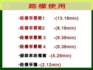 •路權爭霸戰1 -(13.18min)
•路權爭霸戰2 -(8.18min)
•路權爭霸戰 3 -(9.39min)
•路權爭霸戰 4 -(9.38min)
•腳踏車路權篇 -(5.28min)
•路權爭議 -(2.12min)
 