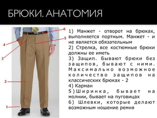 1) Манжет - отворот на брюках,
выполняется портным. Манжет - и
не является обязательным  
2) Стрелка, все костюмные брюки
должны ее иметь 
3) Защип. Бывают брюки без
з а щ и п о в , б ы в а ю т с н и м и .
М а к с и м а л ь н о в о з м о ж н о е
к о л и ч е с т в о з а щ и п о в н а
классических брюках - 2  
4) Карман  
5 ) Ш и р и н к а , б ы в а е т н а
молнии, бывает на пуговицах  
6) Шлевки, которые делают
возможным ношение ремня
БРЮКИ. АНАТОМИЯ
 