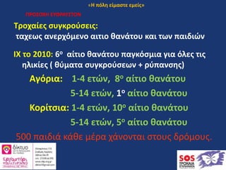 ΠΡΟΣΟΧΗ ΕΥΘΡΑΥΣΤΟΝ
ΙΧ το 2010: 6ο αίτιο θανάτου παγκόσμια για όλες τις
ηλικίες ( θύματα συγκρούσεων + ρύπανσης)
Αγόρια: 1-4 ετών, 8ο αίτιο θανάτου
5-14 ετών, 1ο αίτιο θανάτου
Κορίτσια: 1-4 ετών, 10ο αίτιο θανάτου
5-14 ετών, 5ο αίτιο θανάτου
500 παιδιά κάθε μέρα χάνονται στους δρόμους.
Τροχαίες συγκρούσεις:
ταχεως ανερχόμενο αιτιο θανάτου και των παιδιών
«Η πόλη είμαστε εμείς»
 