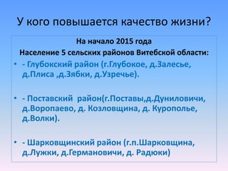 У кого повышается качество жизни?
На начало 2015 года
Население 5 сельских районов Витебской области:
• - Глубокский район (г.Глубокое, д.Залесье,
д.Плиса ,д.Зябки, д.Узречье).
• - Поставский район(г.Поставы,д.Дуниловичи,
д.Воропаево, д. Козловщина, д. Курополье,
д.Волки).
• - Шарковщинский район (г.п.Шарковщина,
д.Лужки, д.Германовичи, д. Радюки)
 