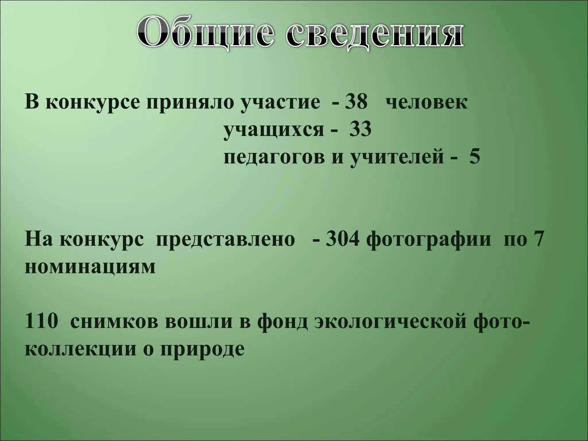 В конкурсе приняло участие - 38 человек
учащихся - 33
педагогов и учителей - 5
На конкурс представлено - 304 фотографии по 7
номинациям
110 снимков вошли в фонд экологической фото-
коллекции о природе
 