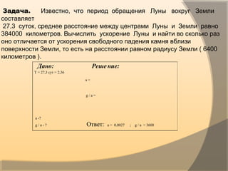 Задача. Известно, что период обращения Луны вокруг Земли
составляет
27,3 суток, среднее расстояние между центрами Луны и Земли равно
384000 километров. Вычислить ускорение Луны и найти во сколько раз
оно отличается от ускорения свободного падения камня вблизи
поверхности Земли, то есть на расстоянии равном радиусу Земли ( 6400
километров ).
Дано: Реше ние:
Т = 27,3 сут = 2,36
a =
g / a =
a -?
g / a - ? Ответ: a = 0,0027 ; g / a = 3600
 