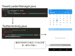 TweetLoaderManager.java
TwitterActivity.java
最初の400件だけ表示してViewを更
新。操作も可能に。
 