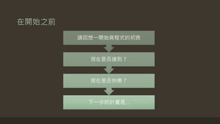 在開始之前
下一步的計畫是…
現在是否快樂？
現在是否達到？
請回想一開始寫程式的初衷
 
