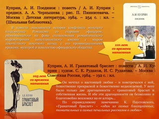 В повести описывается история конфликта молодого
подпоручика Ромашова со старшим офицером,
развивающегося на фоне столкновения романтического
мировоззрения интеллигентного юноши с миром
захолустного пехотного полка, с его провинциальными
нравами, муштрой и пошлостью офицерского общества.
Куприн, А. И. Поединок : повесть / А. И. Куприн ;
предисл. А. А. Чернышева ; рис. П. Пинкисевича. –
Москва : Детская литература, 1984. – 254 с. : ил. –
(Школьная библиотека).
105 лет
со времени
написания
110 лет
со времени
написания
Куприн, А. И. Гранатовый браслет : повести / А. И. Ку-
прин ; худож. С. К. Рудаков, И. С. Рудакова. – Москва :
Советская Россия, 1984. – 192 с. : ил.
Он мечтал о настоящей любви – и повстречался с ней,
божественно прекрасной и божественно недосягаемой. У него
было только две драгоценности – гранатовый браслет и
собственная жизнь. И обе эти драгоценности он безмолвно и
благоговейно возложил на ее алтарь...
По справедливому замечанию К. Паустовского,
«Гранатовый браслет» – «один из самых благоуханных,
томительных и самых печальных рассказов о любви».
 