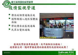 疫情監視管道
31
2014年07月
傳染病個案通報系統
國際機場入境旅客體溫
篩檢
學校傳染病監視通報
民眾自覺性通報
監測及掌控登革熱疫情，及早採取防治措施；
疫情發生時，隨時掌握疫情的發展情形及控制的效果！
國際機場體溫量測
 