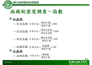 病媒蚊密度調查－指數
53
2014年07月
幼蟲期
– 住宅指數
– 容器指數
– 布氏指數
– 幼蟲指數
成蟲期
– 成蚊指數
100%
調查戶數
陽性戶數
計算方法 ×=
100%
調查容器數
陽性容器數
計算方法 ×=
100
調查戶數
陽性容器數
計算方法 ×=
100
調查戶數
幼蟲數
計算方法 ×=
調查戶數
雌蚊數
計算方法 =
 