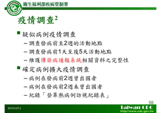 疫情調查2
55
2014年07月
疑似病例疫情調查
– 調查發病前至2週的活動地點
– 調查發病前1天至後5天活動地點
– 維護傳染病通報系統相關資料之完整性
確定病例擴大疫情調查
– 病例在發病前2週曾出國者
– 病例在發病前2週未曾出國者
– 紀錄「登革熱病例訪視紀錄表」
 
