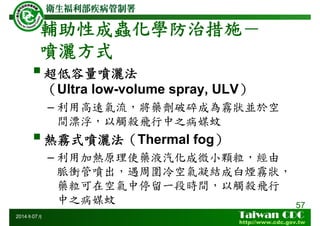 輔助性成蟲化學防治措施－
噴灑方式
57
2014年07月
超低容量噴灑法
（Ultra low-volume spray, ULV）
– 利用高速氣流，將藥劑破碎成為霧狀並於空
間漂浮，以觸殺飛行中之病媒蚊
熱霧式噴灑法（Thermal fog）
– 利用加熱原理使藥液汽化成微小顆粒，經由
脈衝管噴出，遇周圍冷空氣凝結成白煙霧狀，
藥粒可在空氣中停留一段時間，以觸殺飛行
中之病媒蚊
 