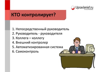 КТО контролирует?
1. Непосредственный руководитель
2. Руководитель - руководителя
3. Коллега – коллегу
4. Внешний контролер
5. Автоматизированная система
6. Самоконтроль
 