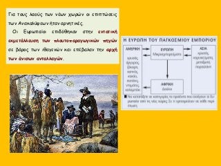 Για τους λαούς των νέων χωρών οι επιπτώσεις
των Ανακαλύψεων ήταν αρνητικές.
Οι Ευρωπαίοι επιδόθηκαν στην εντατική
εκμετάλλευση των πλουτοπαραγωγικών πηγών
σε βάρος των ιθαγενών και επέβαλαν την αρχή
των άνισων ανταλλαγών.
 