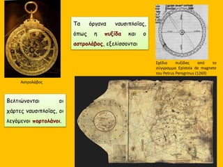 Τα όργανα ναυσιπλοΐας,
όπως η πυξίδα και ο
αστρολάβος, εξελίσσονται
Σχέδιο πυξίδας από το
σύγγραμμα Epistola de magnete
του Petrus Peregrinus (1269)
Αστρολάβος
Βελτιώνονται οι
χάρτες ναυσιπλοΐας, οι
λεγόμενοι πορτολάνοι.
 