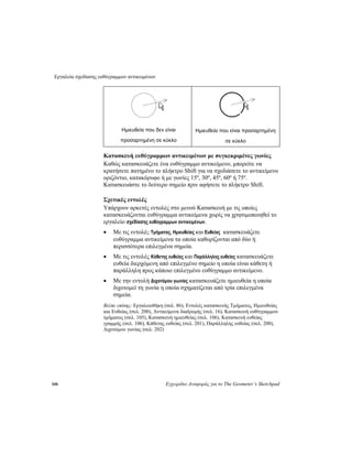 Εργαλεία σχεδίασης ευθύγραμμων αντικειμένων
108 Εγχειρίδιο Αναφοράς για το The Geometer’s Sketchpad
Ημιευθεία που δεν είναι
προσαρτημένη σε κύκλο
Ημιευθεία που είναι προσαρτημένη
σε κύκλο
Κατασκευή ευθύγραμμων αντικειμένων με συγκεκριμένες γωνίες
Καθώς κατασκευάζετε ένα ευθύγραμμο αντικείμενο, μπορείτε να
κρατήσετε πατημένο το πλήκτρο Shift για να σχεδιάσετε το αντικείμενο
οριζόντιο, κατακόρυφο ή με γωνίες 15º, 30º, 45º, 60º ή 75º.
Κατασκευάστε το δεύτερο σημείο πριν αφήσετε το πλήκτρο Shift.
Σχετικές εντολές
Υπάρχουν αρκετές εντολές στο μενού Κατασκευή με τις οποίες
κατασκευάζονται ευθύγραμμα αντικείμενα χωρίς να χρησιμοποιηθεί το
εργαλείο σχεδίασης ευθύγραμμων αντικειμένων.
• Με τις εντολές Τμήματος, Ημιευθείας και Ευθείας κατασκευάζετε
ευθύγραμμα αντικείμενα τα οποία καθορίζονται από δύο ή
περισσότερα επιλεγμένα σημεία.
• Με τις εντολές Κάθετης ευθείας και Παράλληλης ευθείας κατασκευάζετε
ευθεία διερχόμενη από επιλεγμένο σημείο η οποία είναι κάθετη ή
παράλληλη προς κάποιο επιλεγμένο ευθύγραμμο αντικείμενο.
• Με την εντολή Διχοτόμου γωνίας κατασκευάζετε ημιευθεία η οποία
διχοτομεί τη γωνία η οποία σχηματίζεται από τρία επιλεγμένα
σημεία.
Βλέπε επίσης: Εργαλειοθήκη (σελ. 86), Εντολές κατασκευής Τμήματος, Ημιευθείας
και Ευθείας (σελ. 200), Αντικείμενα διαδρομής (σελ. 16), Κατασκευή ευθύγραμμου
τμήματος (σελ. 105), Κατασκευή ημιευθείας (σελ. 106), Κατασκευή ευθείας
γραμμής (σελ. 106), Κάθετης ευθείας (σελ. 201), Παράλληλης ευθείας (σελ. 200),
Διχοτόμου γωνίας (σελ. 202)
 