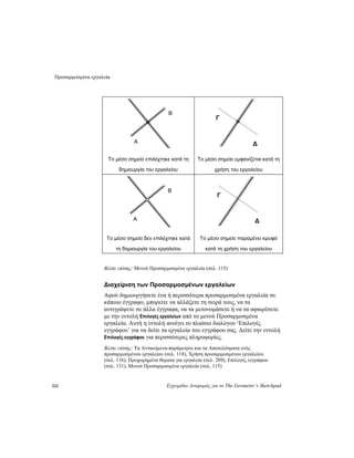 Προσαρμοσμένα εργαλεία
122 Εγχειρίδιο Αναφοράς για το The Geometer’s Sketchpad
A
B
Το μέσο σημείο επιλέχτηκε κατά τη
δημιουργία του εργαλείου
Το μέσο σημείο εμφανίζεται κατά τη
χρήση του εργαλείου
Γ
Δ
A
B
Το μέσο σημείο δεν επιλέχτηκε κατά
τη δημιουργία του εργαλείου
Το μέσο σημείο παραμένει κρυφό
κατά τη χρήση του εργαλείου
Δ
Γ
Βλέπε επίσης: Μενού Προσαρμοσμένα εργαλεία (σελ. 115)
Διαχείριση των Προσαρμοσμένων εργαλείων
Αφού δημιουργήσετε ένα ή περισσότερα προσαρμοσμένα εργαλεία σε
κάποιο έγγραφο, μπορείτε να αλλάξετε τη σειρά τους, να τα
αντιγράψετε σε άλλα έγγραφα, να τα μετονομάσετε ή να τα αφαιρέσετε
με την εντολή Επιλογές εργαλείων από το μενού Προσαρμοσμένα
εργαλεία. Αυτή η εντολή ανοίγει το πλαίσιο διαλόγου ‘Επιλογές
εγγράφου’ για να δείτε τα εργαλεία του εγγράφου σας. Δείτε την εντολή
Επιλογές εγγράφου για περισσότερες πληροφορίες.
Βλέπε επίσης: Τα Αντικείμενα-παράμετροι και τα Αποτελέσματα ενός
προσαρμοσμένου εργαλείου (σελ. 118), Χρήση προσαρμοσμένου εργαλείου
(σελ. 116), Προχωρημένα θέματα για εργαλεία (σελ. 289), Επιλογές εγγράφου
(σελ. 131), Μενού Προσαρμοσμένα εργαλεία (σελ. 115)
 