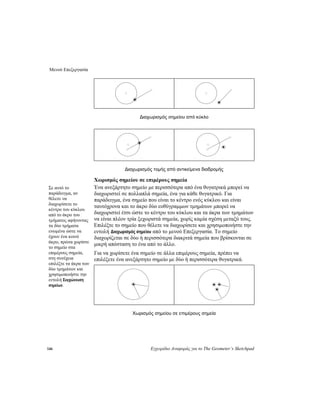Μενού Επεξεργασία
146 Εγχειρίδιο Αναφοράς για το The Geometer’s Sketchpad
Διαχωρισμός σημείου από κύκλο
Διαχωρισμός τομής από αντικείμενα διαδρομής
Χωρισμός σημείου σε επιμέρους σημεία
Ένα ανεξάρτητο σημείο με περισσότερα από ένα θυγατρικά μπορεί να
διαχωριστεί σε πολλαπλά σημεία, ένα για κάθε θυγατρικό. Για
παράδειγμα, ένα σημείο που είναι το κέντρο ενός κύκλου και είναι
ταυτόχρονα και το άκρο δύο ευθύγραμμων τμημάτων μπορεί να
διαχωριστεί έτσι ώστε το κέντρο του κύκλου και τα άκρα των τμημάτων
να είναι πλέον τρία ξεχωριστά σημεία, χωρίς καμία σχέση μεταξύ τους.
Επιλέξτε το σημείο που θέλετε να διαχωρίσετε και χρησιμοποιήστε την
εντολή Διαχωρισμός σημείου από το μενού Επεξεργασία. Το σημείο
διαχωρίζεται σε δύο ή περισσότερα διακριτά σημεία που βρίσκονται σε
μικρή απόσταση το ένα από το άλλο.
Σε αυτό το
παράδειγμα, αν
θέλετε να
διαχωρίσετε το
κέντρο του κύκλου
από το άκρο του
τμήματος αφήνοντας
τα δύο τμήματα
ενωμένα ώστε να
έχουν ένα κοινό
άκρο, πρώτα χωρίστε
το σημείο στα
επιμέρους σημεία,
στη συνέχεια
επιλέξτε τα άκρα των
δύο τμημάτων και
χρησιμοποιήστε την
εντολή Συγχώνευση
σημείων.
Για να χωρίσετε ένα σημείο σε άλλα επιμέρους σημεία, πρέπει να
επιλέξετε ένα ανεξάρτητο σημείο με δύο ή περισσότερα θυγατρικά.
Χωρισμός σημείου σε επιμέρους σημεία
 