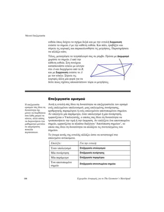 Μενού Επεξεργασία
150 Εγχειρίδιο Αναφοράς για το The Geometer’s Sketchpad
ευθεία όπως δείχνει το σχήμα δεξιά και με την εντολή Συγχώνευση
ενώστε το σημείο Δ με την κάθετη ευθεία. Και πάλι, τραβήξτε και
σύρετε τις κορυφές και παρακολουθήστε τις μετρήσεις. Παρατηρήσατε
να αλλάζει κάτι;
Τέλος, μετατρέψτε το τετράπλευρό σας σε ρόμβο. Πρώτα με Διαχωρισμό
χωρίστε το σημείο Δ από την
κάθετη ευθεία. Στη συνέχεια
κατασκευάστε κύκλο με κέντρο
στο A και διερχόμενο από το B,
και με Συγχώνευση ενώστε το Δ
με τον κύκλο. Σύρετε τις
κορυφές άλλη μία φορά για να
δείτε ποιες σχέσεις αποκαλύπτουν τώρα οι μετρήσεις.
Επεξεργασία ορισμού
Αυτή η εντολή σάς δίνει τη δυνατότητα να επεξεργαστείτε τον ορισμό
ενός επιλεγμένου υπολογισμού, μιας επιλεγμένης συνάρτησης,
αριθμητικής παραμέτρου ή ενός επιλεγμένου αποτυπωμένου σημείου.
Αν επιλέξετε μία παράμετρο, έναν υπολογισμό ή μία συνάρτηση,
εμφανίζεται ο Υπολογιστής, ο οποίος σας δίνει τη δυνατότητα να
τροποποιήσετε την τιμή ή την έκφραση. Αν επιλέξετε ένα αποτυπωμένο
σημείο, εμφανίζεται το πλαίσιο διαλόγου ‘Αποτύπωση σημείων’, το
οποίο σας δίνει τη δυνατότητα να αλλάξετε τις συντεταγμένες του
σημείου.
Η επεξεργασία
ορισμών σάς δίνει τη
δυνατότητα όχι
μόνον να διορθώσετε
όσα λάθη μπορεί να
κάνετε, αλλά επίσης
να διερευνήσετε ένα
μαθηματικό μοντέλο
σε απεριόριστη
ποικιλία
περιπτώσεων.
Το όνομα αυτής της εντολής αλλάζει ώστε να αντιστοιχεί στο
επιλεγμένο αντικείμενο.
Επιλέξτε: Για την εντολή:
Επεξεργασία υπολογισμούΈναν υπολογισμό
Επεξεργασία συνάρτησηςΜία συνάρτηση
Επεξεργασία παραμέτρουΜία παράμετρο
Ένα αποτυπωμένο
σημείο
Επεξεργασία αποτυπωμένου σημείου
 