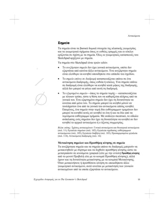 Αντικείμενα
Εγχειρίδιο Αναφοράς για το The Geometer’s Sketchpad 13
Σημεία
Τα σημεία είναι τα βασικά δομικά στοιχεία της κλασικής γεωμετρίας
και τα γεωμετρικά σχήματα όπως οι ευθείες γραμμές και οι κύκλοι
ορίζονται σε σχέση με τα σημεία. Όλες οι γεωμετρικές κατασκευές του
Sketchpad αρχίζουν με σημεία.
Τα σημεία στο Sketchpad είναι τριών ειδών.
• Το ανεξάρτητο σημείο δεν έχει γονικά αντικείμενα, οπότε δεν
εξαρτάται από κανένα άλλο αντικείμενο. Ένα ανεξάρτητο σημείο
είναι ελεύθερο να κινηθεί οπουδήποτε στο επίπεδο του σχεδίου.
• Το σημείο επάνω σε διαδρομή κατασκευάζεται επάνω σε ένα
αντικείμενο διαδρομής, όπως ευθεία ή κύκλος. Ένα σημείο επάνω
σε διαδρομή είναι ελεύθερο να κινηθεί κατά μήκος της διαδρομής,
αλλά δεν μπορεί να φύγει από αυτή τη διαδρομή.
• Το εξαρτημένο σημείο—όπως το σημείο τομής— κατασκευάζεται
με τέτοιον τρόπο, ώστε η θέση του να καθορίζεται πλήρως από τα
γονικά του. Ένα εξαρτημένο σημείο δεν έχει τη δυνατότητα να
κινείται από μόνο του. Το σημείο μπορεί να κινηθεί μόνον αν
τουλάχιστον ένα από τα γονικά του αντικείμενα επίσης κινηθεί.
Επομένως, ένα σημείο στην τομή δύο ευθύγραμμων τμημάτων δεν
μπορεί να κινηθεί εκτός αν κινηθεί το ένα ή και τα δύο από τα
τεμνόμενα ευθύγραμμα τμήματα. Με ανάλογο σκεπτικό, το είδωλο
ανάκλασης ενός σημείου δεν έχει τη δυνατότητα να κινηθεί αν δεν
κινηθεί το αρχικό αντικείμενο ή ο άξονας συμμετρίας.
Βλέπε επίσης: Σχέσεις αντικειμένων: Γονικά αντικείμενα και θυγατρικά αντικείμενα
(σελ. 11), Εργαλείο σημείων (σελ. 102), Εργαλεία σχεδίασης ευθύγραμμων
αντικείμενων (σελ. 105), Εργαλείο διαβήτη (σελ. 103), Προσαρμοσμένα εργαλεία
(σελ. 114), Αντικείμενα διαδρομής (σελ. 16)
Μετακίνηση σημείων και Προσθήκη κίνησης σε σημεία
Τα ανεξάρτητα σημεία και τα σημεία επάνω σε διαδρομές μπορούν να
μετακινηθούν με σύρσιμο και να δεχθούν προσθήκη κίνησης ώστε να
μετατραπούν σε κινούμενα γραφικά (είτε με την εντολή Προσθήκη κίνησης
από το μενού Προβολή είτε με το κουμπί Προσθήκη κίνησης), αλλά
έχουν και τη δυνατότητα μετακίνησης με τα κουμπιά Μετακίνησης.
Όταν μετακινήσετε ή προσθέσετε κίνηση σε οποιοδήποτε άλλο
γεωμετρικό αντικείμενο, αυτό κινείται με μετακίνηση των γονικών
αντικειμένων από τα οποία εξαρτάται το αντικείμενο.
 