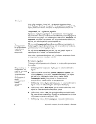 Αντικείμενα
14 Εγχειρίδιο Αναφοράς για το The Geometer’s Sketchpad
Βλέπε επίσης: Προσθήκη κίνησης (σελ. 194), Κουμπιά Προσθήκης κίνησης
(σελ. 48), Κουμπί Προσθήκης κίνησης (σελ. 141) Κουμπί Μετακίνησης (σελ. 142),
Σχέσεις αντικειμένων: Γονικά αντικείμενα και θυγατρικά αντικείμενα (σελ. 11)
Διαχωρισμός και Συγχώνευση σημείων
Ορισμένες φορές ίσως χρειάζεται να προσαρτήσετε ένα ανεξάρτητο
σημείο σε άλλο αντικείμενο ή να κάνετε κάποιο σημείο που έχει γονικά
αντικείμενα ανεξάρτητο από αυτά τα γονικά. Οι εντολές Διαχωρισμός και
Συγχώνευση στο μενού Επεξεργασία σας επιτρέπουν να κάνετε αυτές τις
αλλαγές στο γενεαλογικό δέντρο του σχεδίου σας.
Με την εντολή Διαχωρισμός διαχωρίζετε οποιοδήποτε σημείο επάνω σε
διαδρομή, μέσο σημείο ή σημείο τομής από τα γονικά του αντικείμενα,
μετατρέποντάς το σε ανεξάρτητο σημείο.
Τα
μετασχηματισμένα
και τα αποτυπωμένα
σημεία δεν είναι
δυνατόν να
διαχωριστούν.
Με την εντολή Συγχώνευση συγχωνεύετε ένα ανεξάρτητο σημείο με
οποιοδήποτε άλλο σημείο ή με κάποια διαδρομή.
Βλέπε επίσης: Διαχωρισμός/Συγχώνευση (σελ. 145), Σχέσεις αντικειμένων: Γονικά
αντικείμενα και θυγατρικά αντικείμενα (σελ. 11)
Κατασκευή σημείων
Υπάρχουν πολλοί διαφορετικοί τρόποι για να κατασκευάσετε σημεία σε
ένα σχέδιο.
• Επιλέξτε με κλικ το εργαλείο σημείων, για να κατασκευάσετε ένα
σημείο.
Μπορείτε επίσης να
κατασκευάσετε ένα
σημείο με τις εντολές
από το μενού
Μετασχηματισμός,
για να
δημιουργήσετε το
είδωλο
μετασχηματισμού
κάποιου
υφιστάμενου
σημείου.
• Επιλέξτε με κλικ το εργαλείο σχεδίασης ευθύγραμμων τμημάτων ή το
εργαλείο διαβήτη σε κενό χώρο, για να κατασκευάσετε ένα σημείο
που ορίζει ένα ευθύγραμμο τμήμα ή έναν κύκλο. Πολλά
Προσαρμοσμένα εργαλεία έχουν επίσης τη δυνατότητα να
κατασκευάσουν σημεία καθώς τα χρησιμοποιείτε.
• Επιλέξτε την εντολή Σημείου σε αντικείμενο, για να κατασκευάσετε ένα
σημείο επάνω σε κάθε επιλεγμένο αντικείμενο διαδρομής.
• Επιλέξτε την εντολή Μέσου σημείου, για να κατασκευάσετε ένα μέσο
σημείο σε κάθε επιλεγμένο ευθύγραμμο τμήμα.
• Επιλέξτε την εντολή Τομής, για να κατασκευάσετε το σημείο τομής
δύο επιλεγμένων αντικειμένων. Το κάθε αντικείμενο πρέπει να είναι
ευθύγραμμο αντικείμενο, κύκλος ή τόξο.
• Επιλέξτε την εντολή Αποτύπωση σημείων για να αποτυπώσετε ένα
 