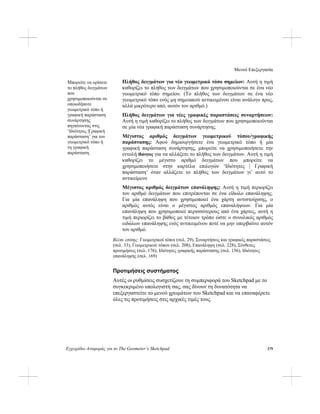 Μενού Επεξεργασία
Εγχειρίδιο Αναφοράς για το The Geometer’s Sketchpad 179
Πλήθος δειγμάτων για νέο γεωμετρικό τόπο σημείων: Αυτή η τιμή
καθορίζει το πλήθος των δειγμάτων που χρησιμοποιούνται σε ένα νέο
γεωμετρικό τόπο σημείου. (Το πλήθος των δειγμάτων σε ένα νέο
γεωμετρικό τόπο ενός μη σημειακού αντικειμένου είναι ανάλογο προς,
αλλά μικρότερο από, αυτόν τον αριθμό.)
Μπορείτε να ορίσετε
το πλήθος δειγμάτων
που
χρησιμοποιούνται σε
οποιοδήποτε
γεωμετρικό τόπο ή
γραφική παράσταση
συνάρτησης
πηγαίνοντας στις
‘Ιδιότητες |Γραφική
παράσταση’ για τον
γεωμετρικό τόπο ή
τη γραφική
παράσταση.
Πλήθος δειγμάτων για νέες γραφικές παραστάσεις συναρτήσεων:
Αυτή η τιμή καθορίζει το πλήθος των δειγμάτων που χρησιμοποιούνται
σε μία νέα γραφική παράσταση συνάρτησης.
Μέγιστος αριθμός δειγμάτων γεωμετρικού τόπου/γραφικής
παράστασης: Αφού δημιουργήσετε ένα γεωμετρικό τόπο ή μία
γραφική παράσταση συνάρτησης, μπορείτε να χρησιμοποιήσετε την
εντολή Ιδιότητες για να αλλάξετε το πλήθος των δειγμάτων. Αυτή η τιμή
καθορίζει το μέγιστο αριθμό δειγμάτων που μπορείτε να
χρησιμοποιήσετε στην καρτέλα επιλογών ‘Ιδιότητες | Γραφική
παράσταση’ όταν αλλάζετε το πλήθος των δειγμάτων γι’ αυτό το
αντικείμενο
Μέγιστος αριθμός δειγμάτων επανάληψης: Αυτή η τιμή περιορίζει
τον αριθμό δειγμάτων που επιτρέπονται σε ένα είδωλο επανάληψης.
Για μία επανάληψη που χρησιμοποιεί ένα χάρτη αντιστοίχισης, ο
αριθμός αυτός είναι ο μέγιστος αριθμός επαναλήψεων. Για μία
επανάληψη που χρησιμοποιεί περισσότερους από ένα χάρτες, αυτή η
τιμή περιορίζει το βάθος με τέτοιον τρόπο ώστε ο συνολικός αριθμός
ειδώλων επανάληψης ενός αντικειμένου ποτέ να μην υπερβαίνει αυτόν
τον αριθμό.
Βλέπε επίσης: Γεωμετρικοί τόποι (σελ. 29), Συναρτήσεις και γραφικές παραστάσεις
(σελ. 33), Γεωμετρικού τόπου (σελ. 208), Επανάληψη (σελ. 228), Σύνθετες
προτιμήσεις (σελ. 176), Ιδιότητες γραφικής παράστασης (σελ. 156), Ιδιότητες
επανάληψης (σελ. 169)
Προτιμήσεις συστήματος
Αυτές οι ρυθμίσεις συσχετίζουν τη συμπεριφορά του Sketchpad με το
συγκεκριμένο υπολογιστή σας, σας δίνουν τη δυνατότητα να
επεξεργαστείτε το μενού χρωμάτων του Sketchpad και να επαναφέρετε
όλες τις προτιμήσεις στις αρχικές τιμές τους.
 