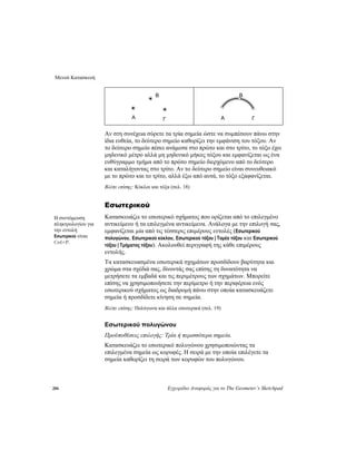 Μενού Κατασκευή
206 Εγχειρίδιο Αναφοράς για το The Geometer’s Sketchpad
A
B
Γ Γ
B
A
Αν στη συνέχεια σύρετε τα τρία σημεία ώστε να συμπέσουν πάνω στην
ίδια ευθεία, το δεύτερο σημείο καθορίζει την εμφάνιση του τόξου. Αν
το δεύτερο σημείο πέσει ανάμεσα στο πρώτο και στο τρίτο, το τόξο έχει
μηδενικό μέτρο αλλά μη μηδενικό μήκος τόξου και εμφανίζεται ως ένα
ευθύγραμμο τμήμα από το πρώτο σημείο διερχόμενο από το δεύτερο
και καταλήγοντας στο τρίτο. Αν το δεύτερο σημείο είναι συνευθειακό
με το πρώτο και το τρίτο, αλλά έξω από αυτά, το τόξο εξαφανίζεται.
Βλέπε επίσης: Κύκλοι και τόξα (σελ. 18)
Εσωτερικού
Κατασκευάζει το εσωτερικό σχήματος που ορίζεται από το επιλεγμένο
αντικείμενο ή τα επιλεγμένα αντικείμενα. Ανάλογα με την επιλογή σας,
εμφανίζεται μία από τις τέσσερις επιμέρους εντολές (Εσωτερικού
πολυγώνου, Εσωτερικού κύκλου, Εσωτερικού τόξου | Τομέα τόξου και Εσωτερικού
τόξου | Τμήματος τόξου). Ακολουθεί περιγραφή της κάθε επιμέρους
εντολής.
Τα κατασκευασμένα εσωτερικά σχημάτων προσδίδουν βαρύτητα και
χρώμα στα σχέδιά σας, δίνοντάς σας επίσης τη δυνατότητα να
μετρήσετε τα εμβαδά και τις περιμέτρους των σχημάτων. Μπορείτε
επίσης να χρησιμοποιήσετε την περίμετρο ή την περιφέρεια ενός
εσωτερικού σχήματος ως διαδρομή πάνω στην οποία κατασκευάζετε
σημεία ή προσδίδετε κίνηση σε σημεία.
Η συντόμευση
πληκτρολογίου για
την εντολή
Εσωτερικού είναι
Ctrl+P.
Βλέπε επίσης: Πολύγωνα και άλλα εσωτερικά (σελ. 19)
Εσωτερικού πολυγώνου
Προϋποθέσεις επιλογής: Τρία ή περισσότερα σημεία.
Κατασκευάζει το εσωτερικό πολυγώνου χρησιμοποιώντας τα
επιλεγμένα σημεία ως κορυφές. Η σειρά με την οποία επιλέγετε τα
σημεία καθορίζει τη σειρά των κορυφών του πολυγώνου.
 