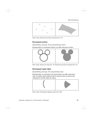 Μενού Κατασκευή
Εγχειρίδιο Αναφοράς για το The Geometer’s Sketchpad 207
Βλέπε επίσης: Πολύγωνα και άλλα εσωτερικά (σελ. 19)
Εσωτερικού κύκλου
Προϋποθέσεις επιλογής: Ένας ή περισσότεροι κύκλοι.
Κατασκευάζει το εσωτερικό κύκλου για κάθε επιλεγμένο κύκλο.
Βλέπε επίσης: Κύκλοι και τόξα (σελ. 18), Πολύγωνα και άλλα εσωτερικά (σελ. 19)
Εσωτερικού τομέα τόξου
Προϋποθέσεις επιλογής: Ένα ή περισσότερα τόξα.
Κατασκευάζει το εσωτερικό ενός τομέα τόξου για κάθε επιλεγμένο
τόξο. Ο τομέας τόξου ορίζεται από το τόξο και από τις ακτίνες που
καταλήγουν στα δύο άκρα του τόξου.
Βλέπε επίσης: Εσωτερικού τμήματος τόξου (σελ. 208)
 