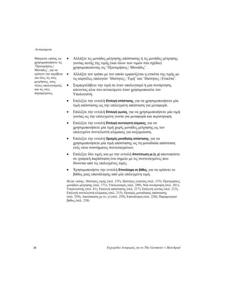 Αντικείμενα
24 Εγχειρίδιο Αναφοράς για το The Geometer’s Sketchpad
• Αλλάξτε τις μονάδες μέτρησης απόστασης ή τις μονάδες μέτρησης
γωνίας αυτής της τιμής (και όλων των τιμών στο σχέδιο)
χρησιμοποιώντας τις ‘Προτιμήσεις | Μονάδες’ .
Μπορείτε επίσης να
χρησιμοποιήσετε τις
‘Προτιμήσεις |
Μονάδες’, για να
ορίσετε την ακρίβεια
για όλες τις νέες
μετρήσεις, τους
νέους υπολογισμούς
και τις νέες
παραμέτρους.
• Αλλάξτε τον τρόπο με τον οποίο εμφανίζεται η ετικέτα της τιμής με
τις καρτέλες επιλογών ‘Ιδιότητες | Τιμή’ και ‘Ιδιότητες | Ετικέτα’.
• Συμπεριλάβετε την τιμή σε έναν υπολογισμό ή μία συνάρτηση,
κάνοντας κλικ στο αντικείμενο όταν χρησιμοποιείτε τον
Υπολογιστή.
• Επιλέξτε την εντολή Επιλογή απόστασης, για να χρησιμοποιήσετε μία
τιμή απόστασης ως την επιλεγμένη απόσταση για μεταφορά.
• Επιλέξτε την εντολή Επιλογή γωνίας, για να χρησιμοποιήσετε μία τιμή
γωνίας ως την επιλεγμένη γωνία για μεταφορά και περιστροφή.
• Επιλέξτε την εντολή Επιλογή συντελεστή κλίμακας, για να
χρησιμοποιήσετε μία τιμή χωρίς μονάδες μέτρησης ως τον
επιλεγμένο συντελεστή κλίμακας για αυξομείωση.
• Επιλέξτε την εντολή Ορισμός μοναδιαίας απόστασης, για να
χρησιμοποιήσετε μία τιμή απόστασης ως τη μοναδιαία απόσταση
ενός νέου συστήματος συντεταγμένων.
• Επιλέξτε δύο τιμές και με την εντολή Αποτύπωση με (x, y) αποτυπώστε
σε γραφική παράσταση ένα σημείο με τις συντεταγμένες που
δίνονται από τις επιλεγμένες τιμές.
• Χρησιμοποιήστε την εντολή Επανάληψη σε βάθος, για να ορίσετε το
βάθος μιας επανάληψης από μία επιλεγμένη τιμή.
Βλέπε επίσης: Ιδιότητες τιμής (σελ. 155), Ιδιότητες ετικέτας (σελ. 153), Προτιμήσεις
μονάδων μέτρησης (σελ. 171), Υπολογισμός (σελ. 249), Νέα συνάρτηση (σελ. 261),
Υπολογιστής (σελ. 61), Επιλογή απόστασης (σελ. 217), Επιλογή γωνίας (σελ. 213),
Επιλογή συντελεστή κλίμακας (σελ. 215), Ορισμός μοναδιαίας απόστασης
(σελ. 254), Αποτύπωση με (x, y) (σελ. 259), Επανάληψη (σελ. 228), Παραμετρικό
βάθος (σελ. 238)
 